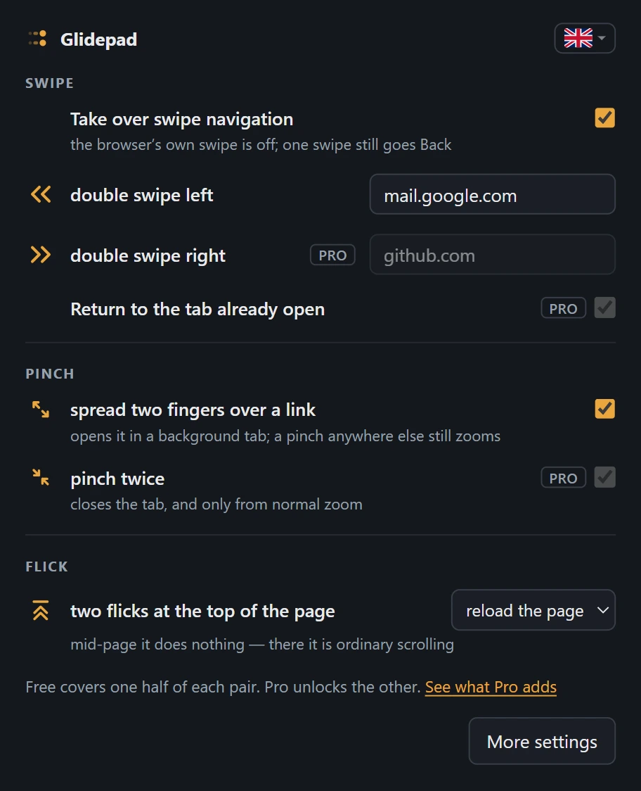 The Glidepad popup: one row per gesture. Double swipe left opens mail.google.com, double swipe right is marked Pro, spreading two fingers over a link opens it in a background tab, pinching twice closes the tab, and two flicks at the top of the page reload it.